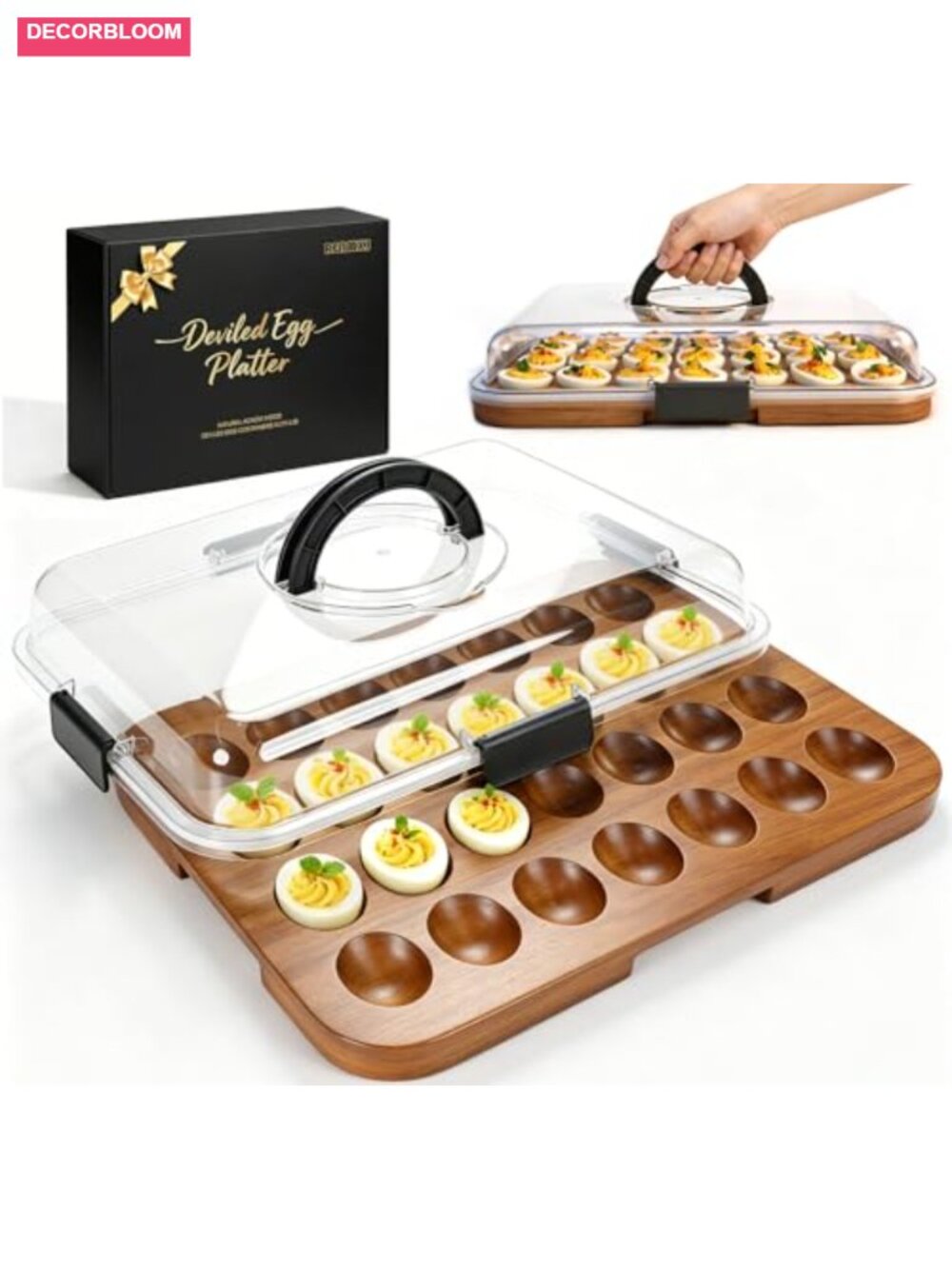 Deviled Egg Containers with Lid, Acacia Wooden Base with 28 Slots
